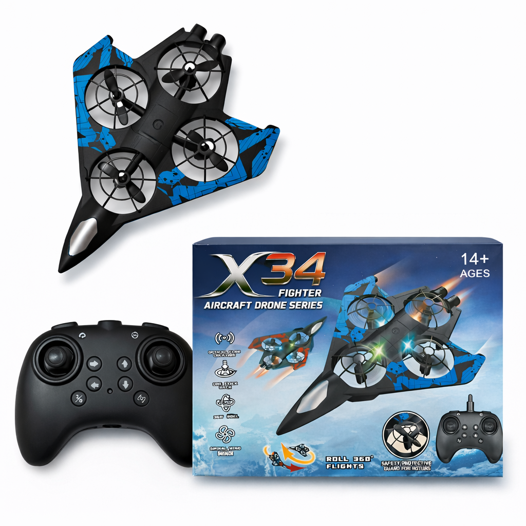 X34 Fighter Aircraft Drone – RC Quadcopter Toy Drone with Remote Control | 360° Flip | LED Lights | Kids & Beginners Drone
